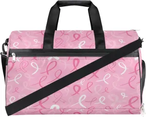Ribbon Pink Travel Duffel Bag, Breast Cancer Awareness Sports Tote Gym Bag with Wet Pocket & Shoes Compartment Foldable Weekender Bag Workout Bag Carry on Luggage Handle Bag Overnight Bag for Women