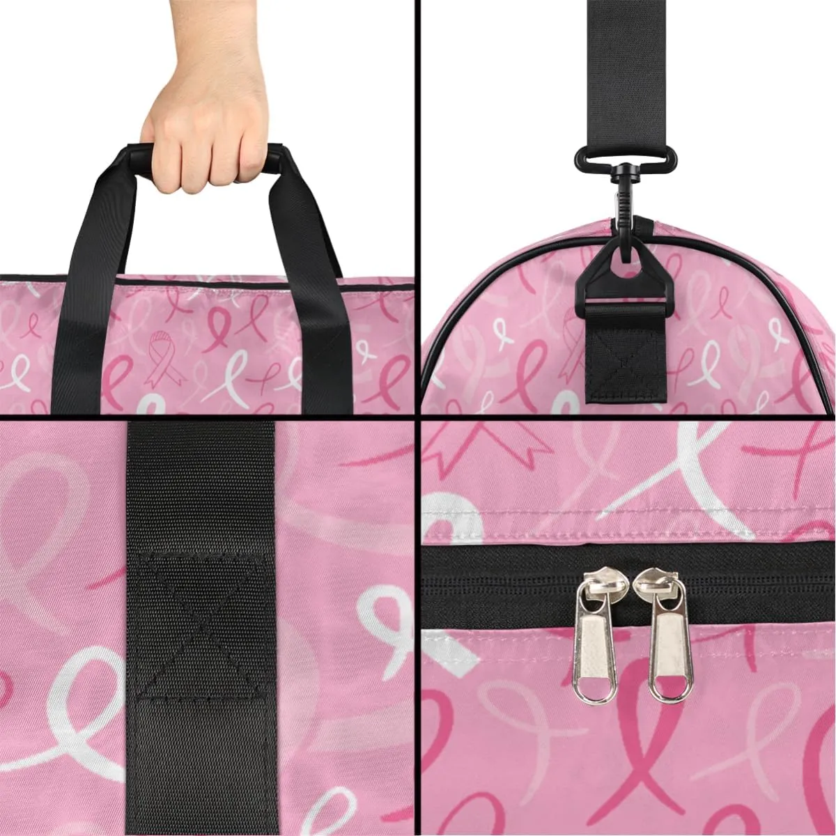 Ribbon Pink Travel Duffel Bag, Breast Cancer Awareness Sports Tote Gym Bag with Wet Pocket & Shoes Compartment Foldable Weekender Bag Workout Bag Carry on Luggage Handle Bag Overnight Bag for Women