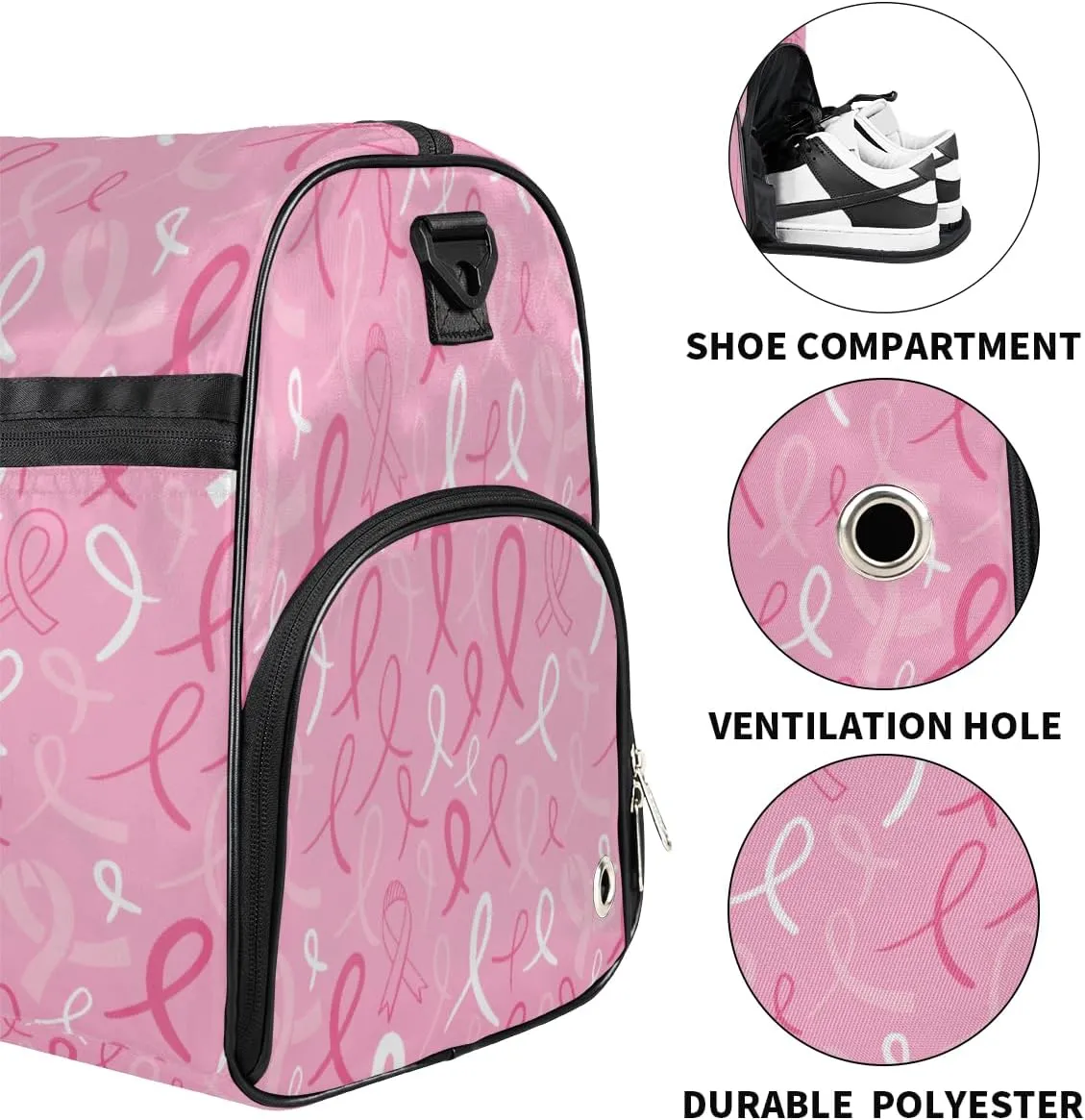 Ribbon Pink Travel Duffel Bag, Breast Cancer Awareness Sports Tote Gym Bag with Wet Pocket & Shoes Compartment Foldable Weekender Bag Workout Bag Carry on Luggage Handle Bag Overnight Bag for Women