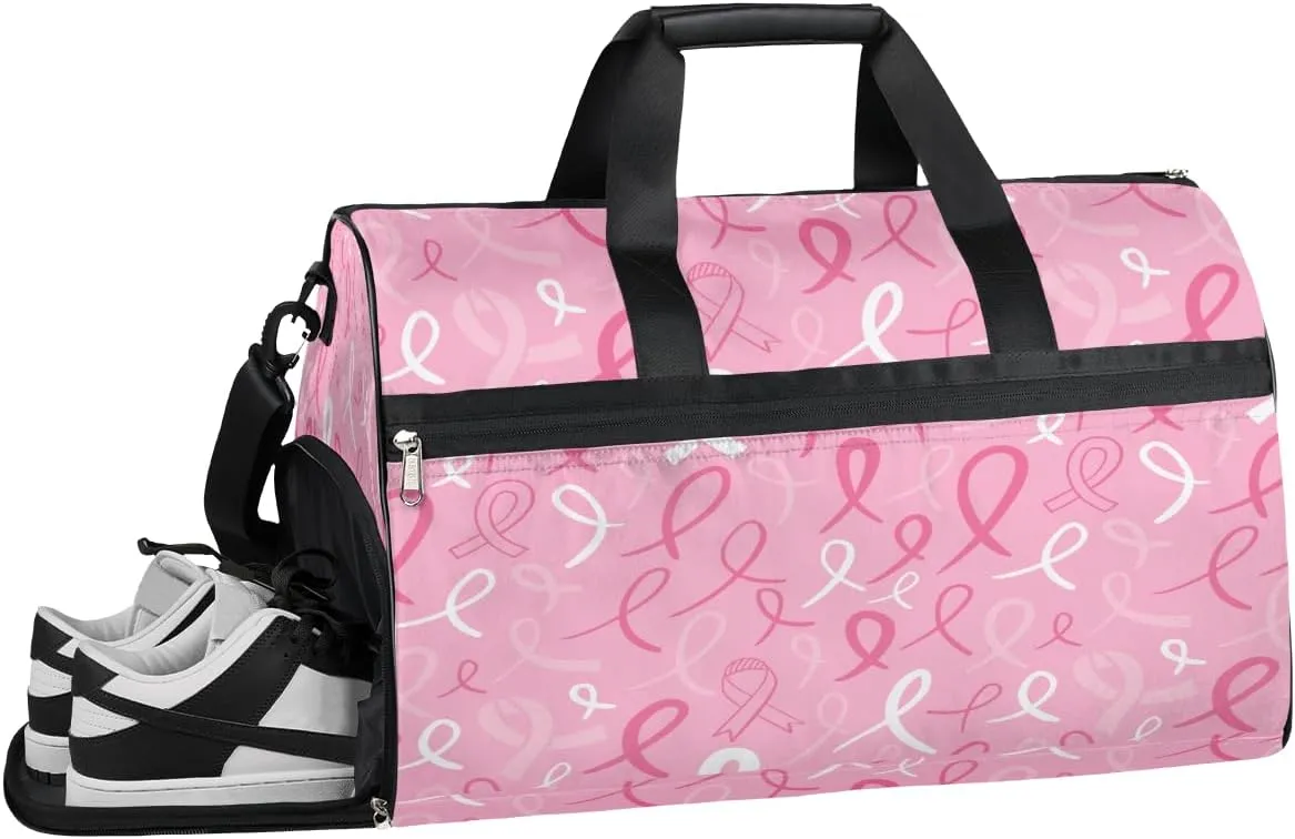 Ribbon Pink Travel Duffel Bag, Breast Cancer Awareness Sports Tote Gym Bag with Wet Pocket & Shoes Compartment Foldable Weekender Bag Workout Bag Carry on Luggage Handle Bag Overnight Bag for Women
