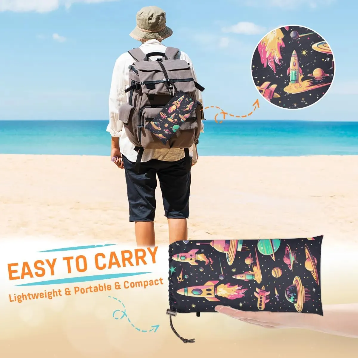 Rocket Ship Beach Blanket, Sandproof Beach Mat, 68 x 59 Waterproof Quick Drying Sand Free Mat with 4 x Ground Spikes for Outdoor Travel Camping Hiking, Space Planet