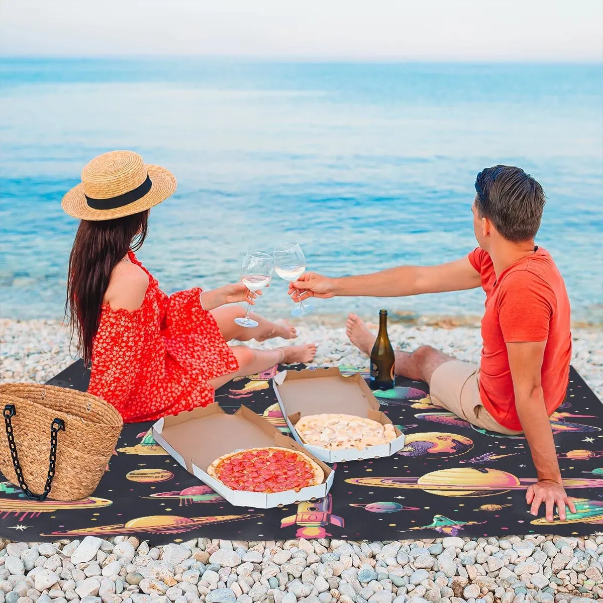 Rocket Ship Beach Blanket, Sandproof Beach Mat, 68 x 59 Waterproof Quick Drying Sand Free Mat with 4 x Ground Spikes for Outdoor Travel Camping Hiking, Space Planet