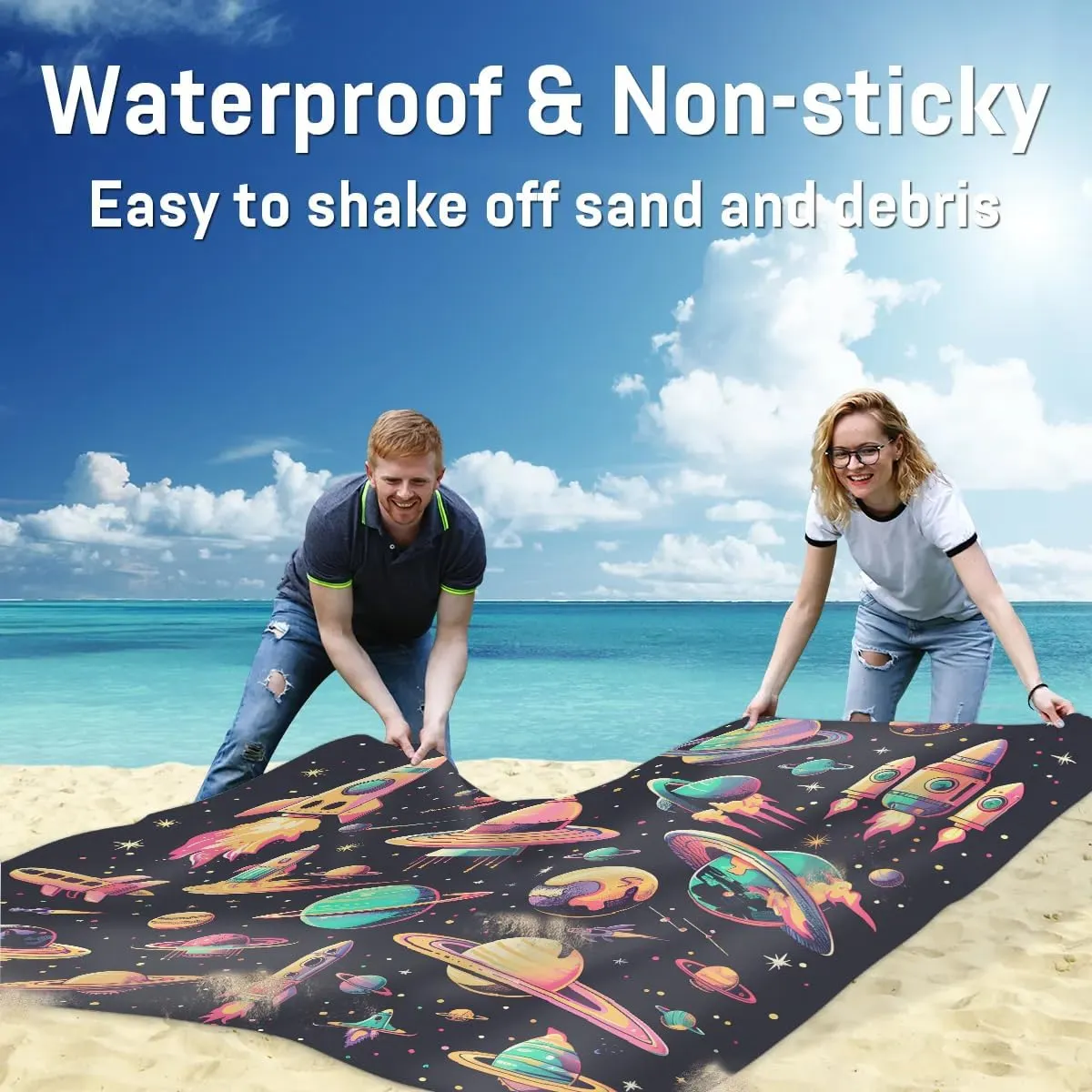 Rocket Ship Beach Blanket, Sandproof Beach Mat, 68 x 59 Waterproof Quick Drying Sand Free Mat with 4 x Ground Spikes for Outdoor Travel Camping Hiking, Space Planet
