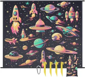 Rocket Ship Beach Blanket, Sandproof Beach Mat, 68 x 59 Waterproof Quick Drying Sand Free Mat with 4 x Ground Spikes for Outdoor Travel Camping Hiking, Space Planet