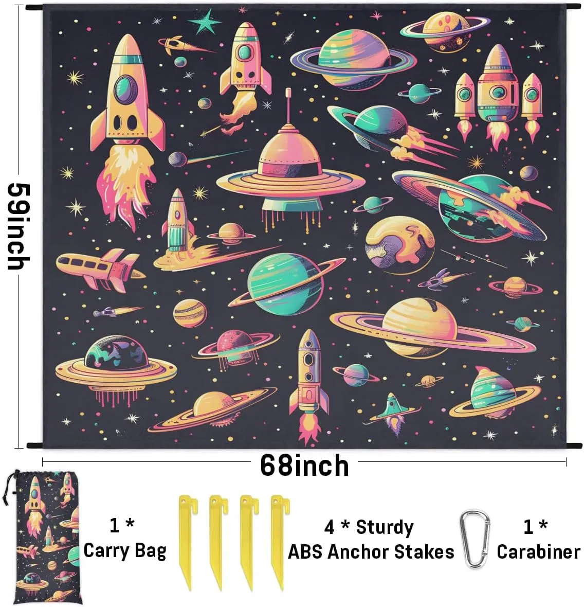 Rocket Ship Beach Blanket, Sandproof Beach Mat, 68 x 59 Waterproof Quick Drying Sand Free Mat with 4 x Ground Spikes for Outdoor Travel Camping Hiking, Space Planet