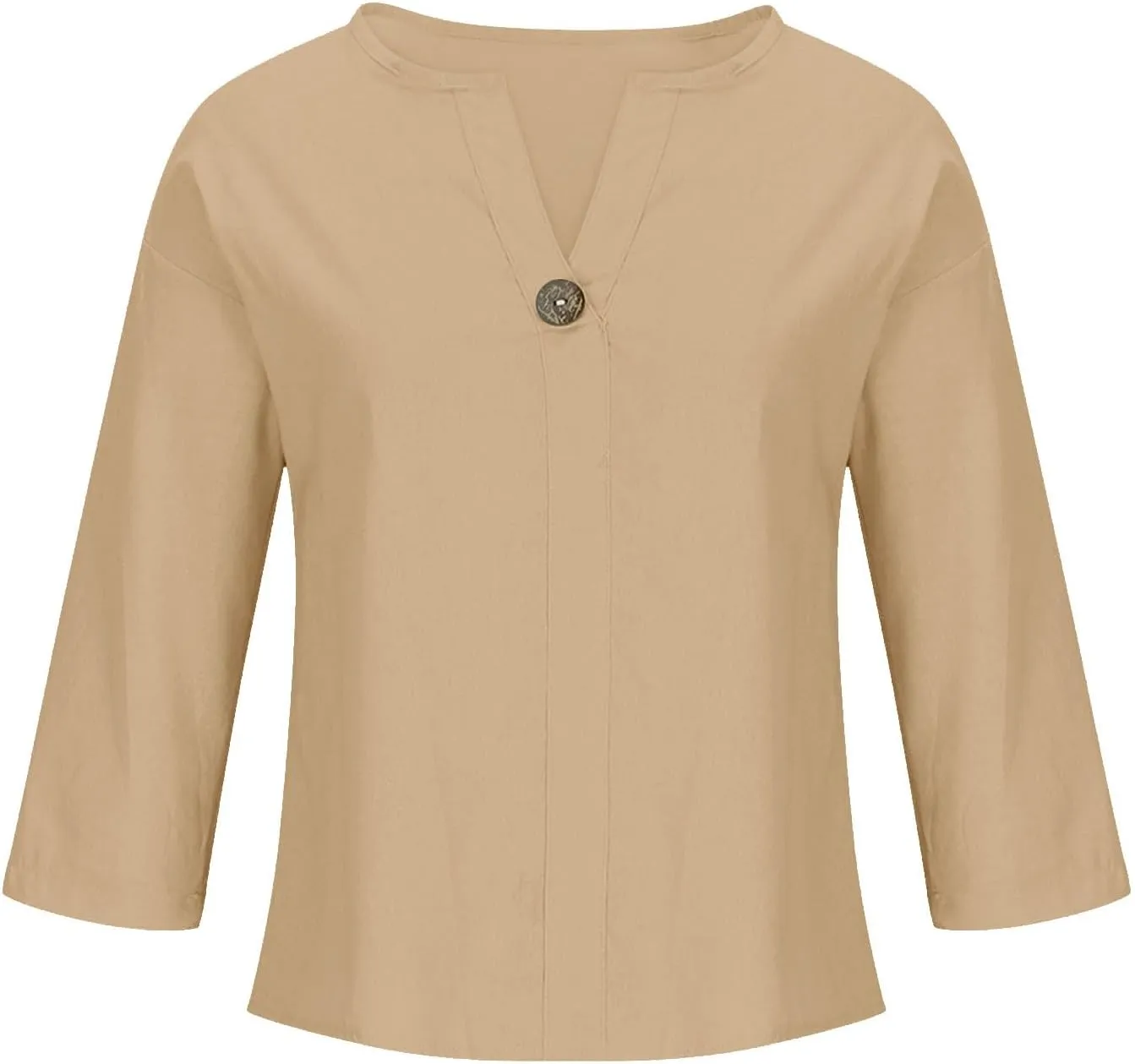 Roll Up 3/4 Sleeve Shirts for Women Cotton Linen Casual Button V Neck Summer Tops Trendy Loose Fit Plus Size Blouses