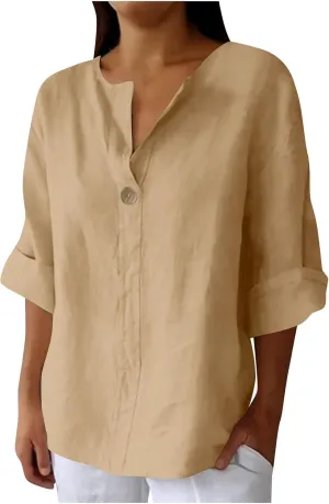 Roll Up 3/4 Sleeve Shirts for Women Cotton Linen Casual Button V Neck Summer Tops Trendy Loose Fit Plus Size Blouses