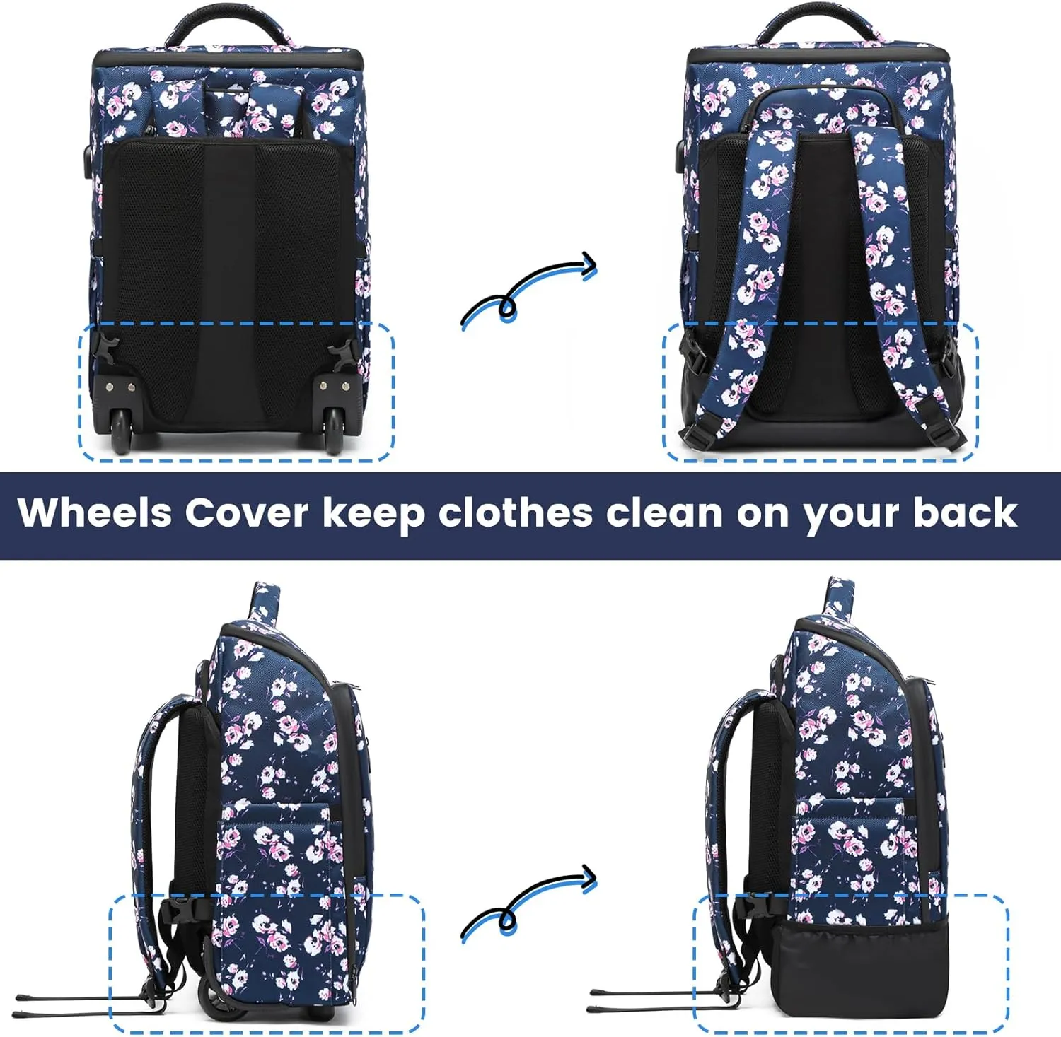 Rolling Backpack, Waterproof Backpack with Wheels for Business Commuter, Carry on Backpack with Laptop Compartment, Fit 15.6 Inch Laptop, Wheeled Backpack for Adults (Blue Flower)