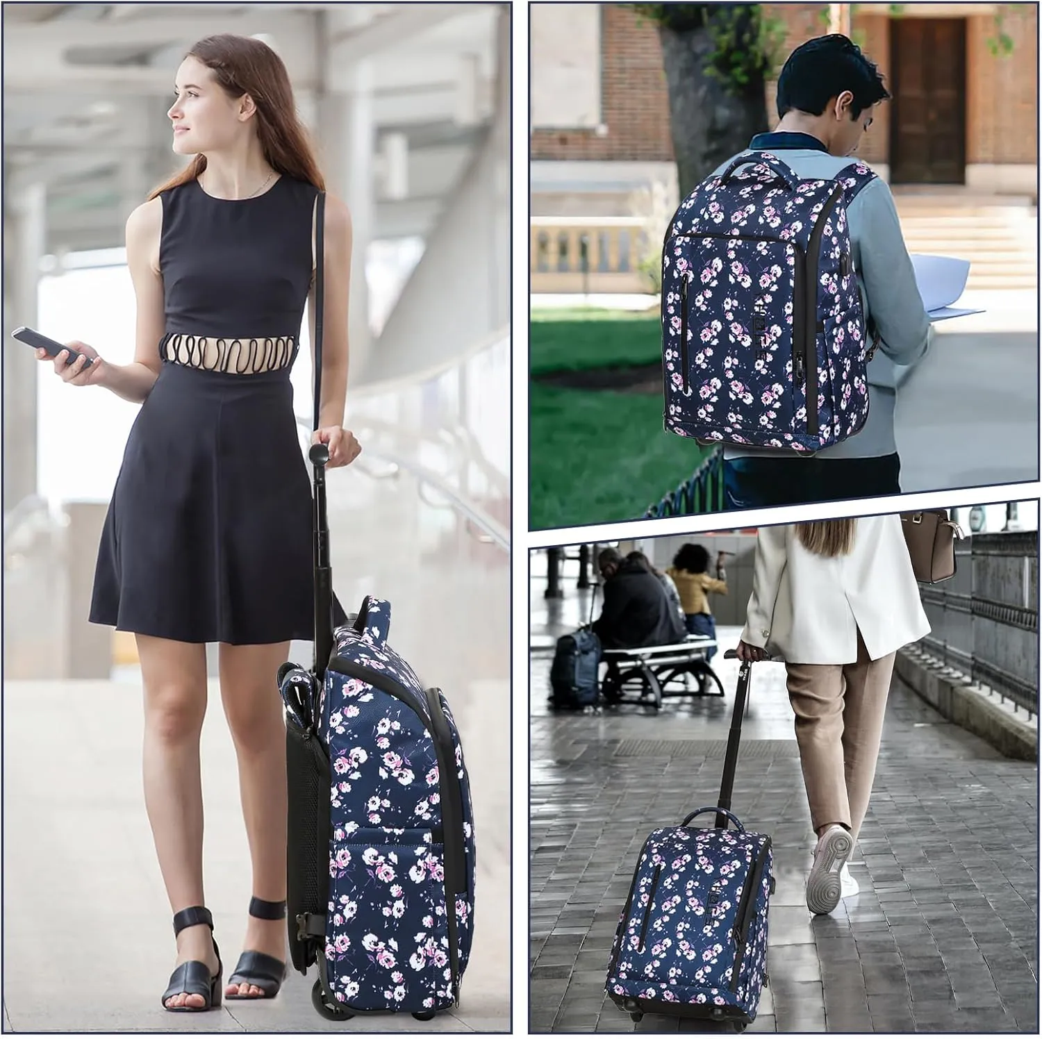 Rolling Backpack, Waterproof Backpack with Wheels for Business Commuter, Carry on Backpack with Laptop Compartment, Fit 15.6 Inch Laptop, Wheeled Backpack for Adults (Blue Flower)