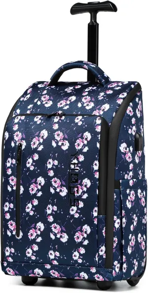 Rolling Backpack, Waterproof Backpack with Wheels for Business Commuter, Carry on Backpack with Laptop Compartment, Fit 15.6 Inch Laptop, Wheeled Backpack for Adults (Blue Flower)