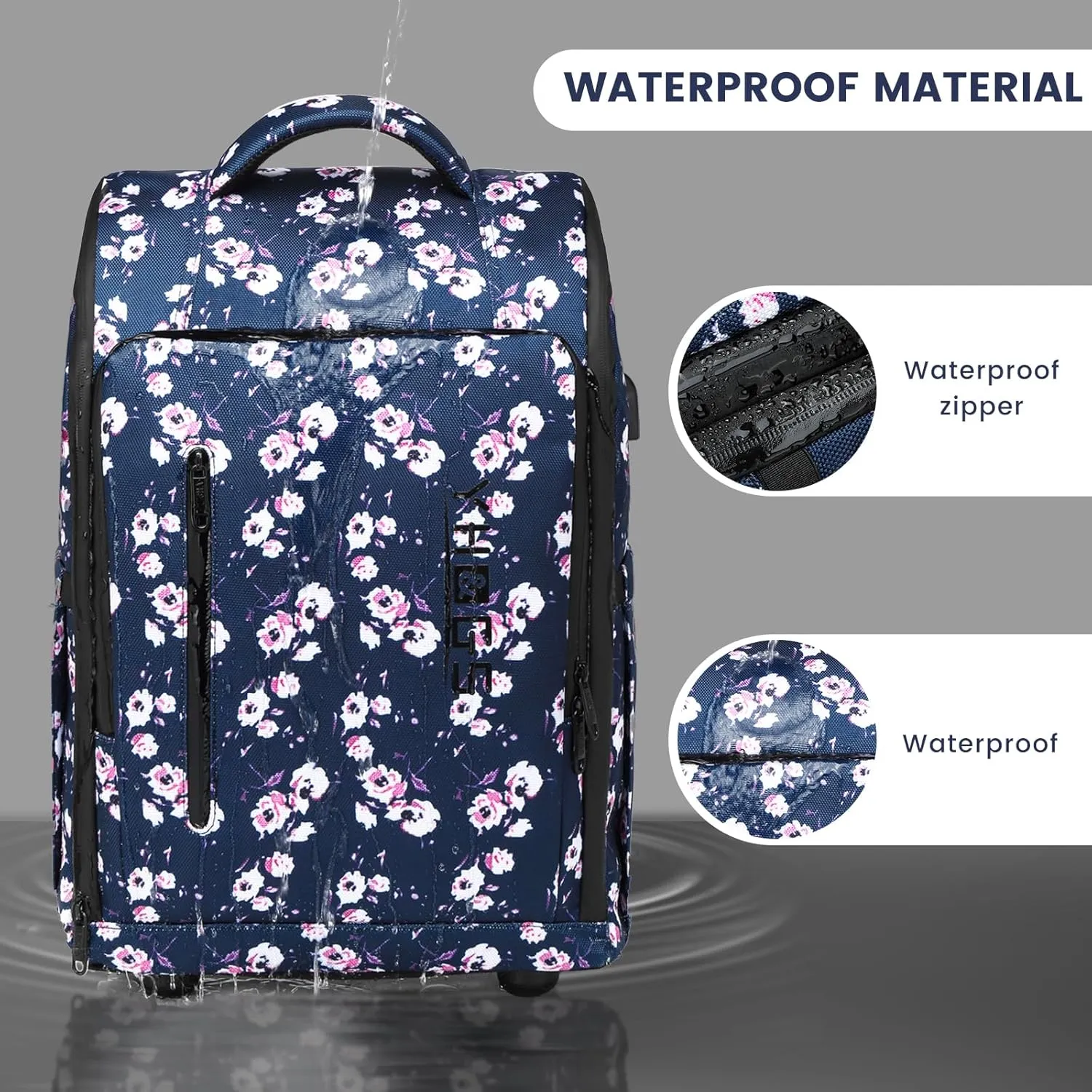 Rolling Backpack, Waterproof Backpack with Wheels for Business Commuter, Carry on Backpack with Laptop Compartment, Fit 15.6 Inch Laptop, Wheeled Backpack for Adults (Blue Flower)
