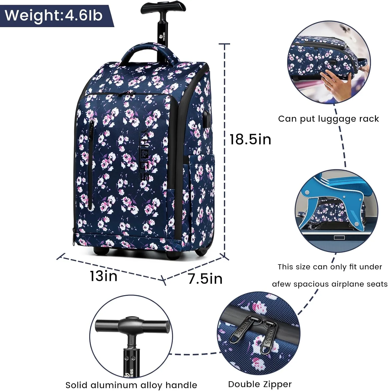 Rolling Backpack, Waterproof Backpack with Wheels for Business Commuter, Carry on Backpack with Laptop Compartment, Fit 15.6 Inch Laptop, Wheeled Backpack for Adults (Blue Flower)