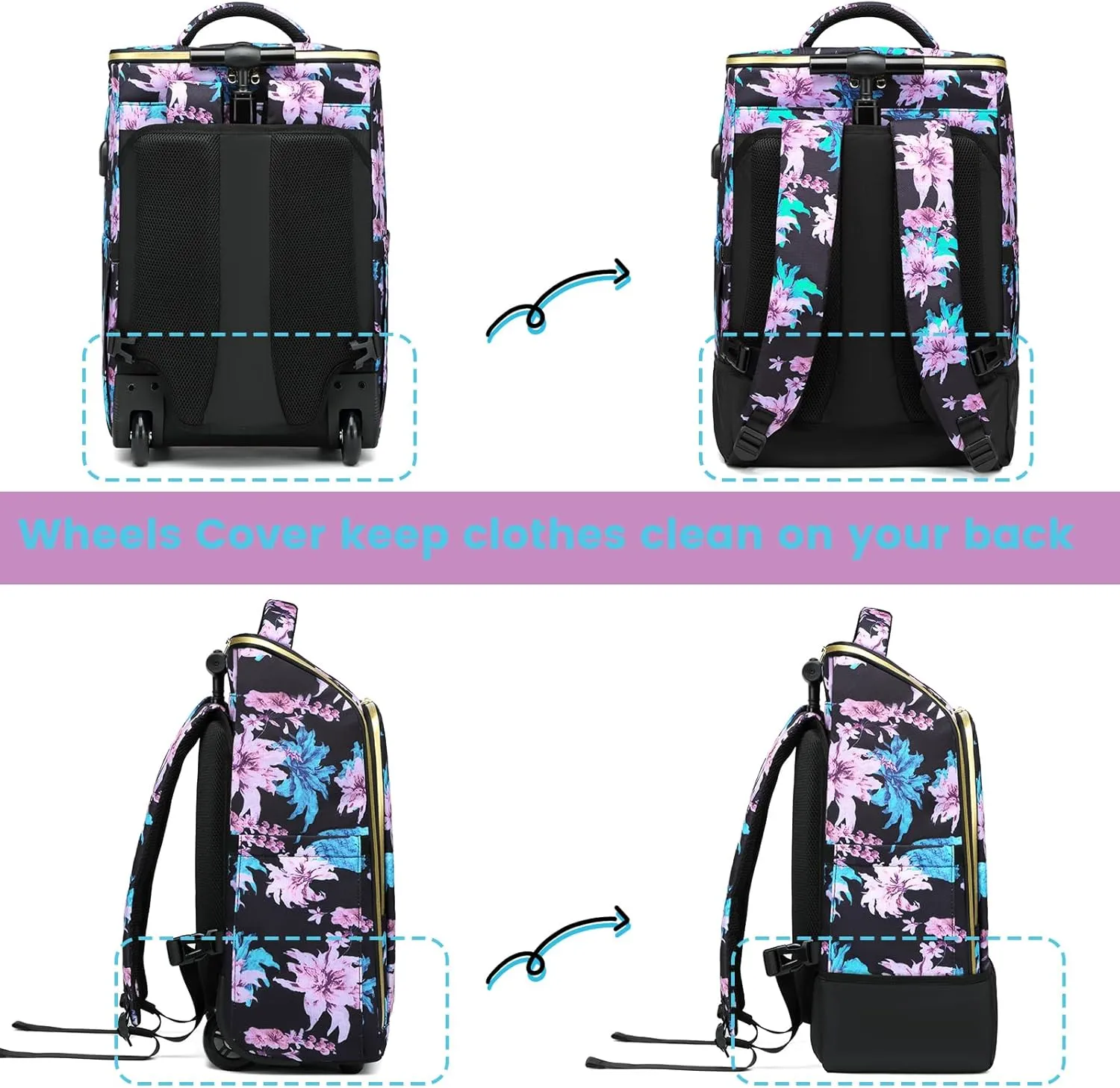 Rolling Backpack, Waterproof Backpack with Wheels for Business Commuter, Carry on Backpack with Laptop Compartment, Fit 15.6/18 Inch Laptop, Wheeled Backpack for Adults (Flower)