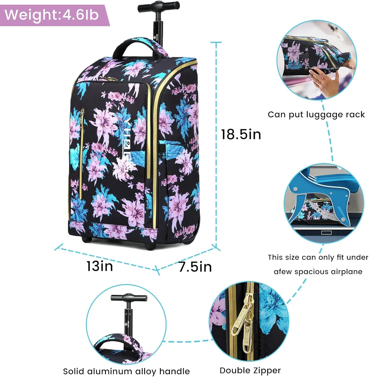 Rolling Backpack, Waterproof Backpack with Wheels for Business Commuter, Carry on Backpack with Laptop Compartment, Fit 15.6/18 Inch Laptop, Wheeled Backpack for Adults (Flower)
