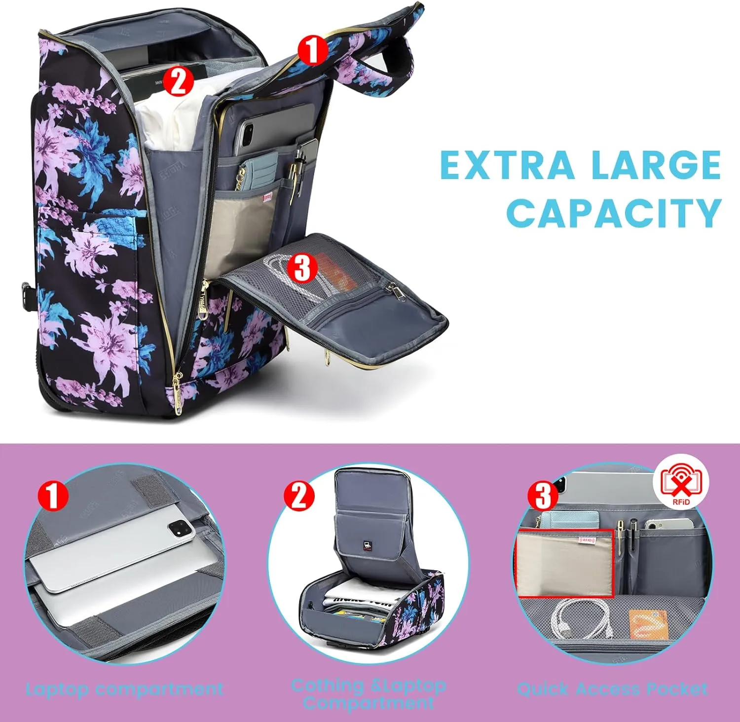 Rolling Backpack, Waterproof Backpack with Wheels for Business Commuter, Carry on Backpack with Laptop Compartment, Fit 15.6/18 Inch Laptop, Wheeled Backpack for Adults (Flower)