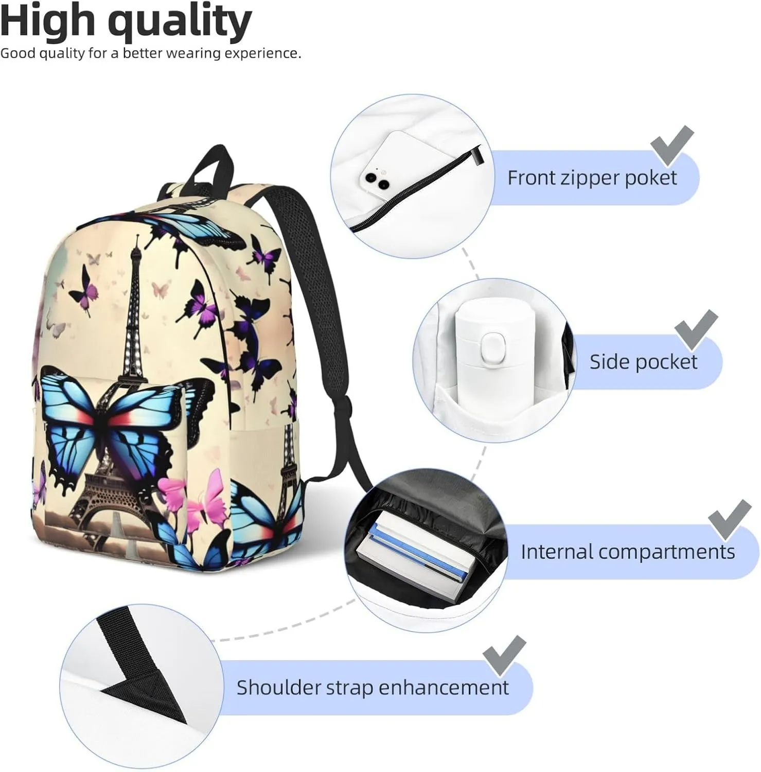 Romantic Paris Eiffel print Duffel Bag, Lightweight Duffel Bag, Casual Backpack, 17.7 x 6.3 x 12.2 inches