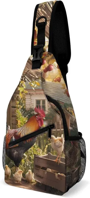 Rooster Hen And Chicks in The Yard Sling Bag Casual Chest Bag Daypack Crossbody Fanny Pack Cross Body Bag for Outdoors Hiking Traveling