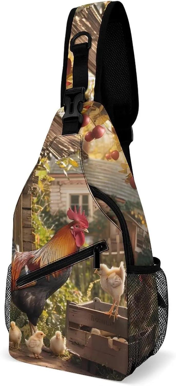 Rooster Hen And Chicks in The Yard Sling Bag Casual Chest Bag Daypack Crossbody Fanny Pack Cross Body Bag for Outdoors Hiking Traveling