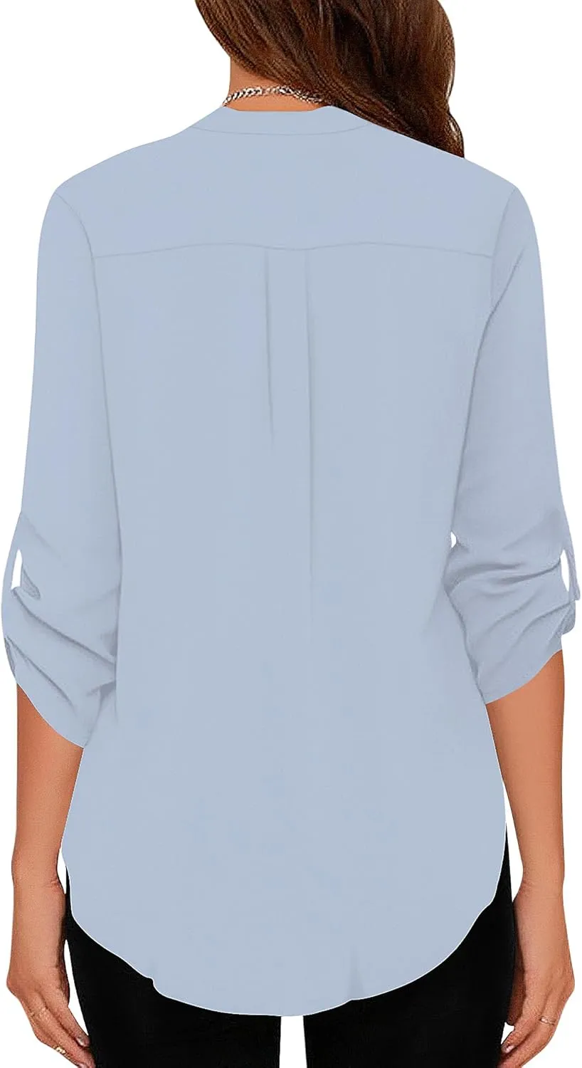 roswear Women's Business Casual V Neck Cuffed Sleeves Work Blouse Top