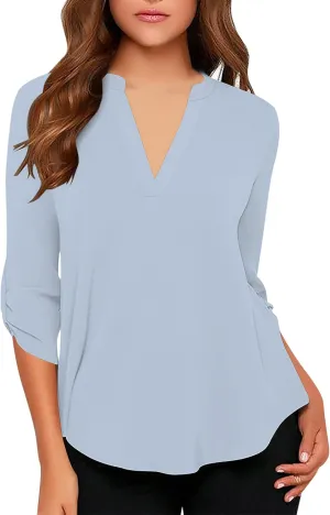 roswear Women's Business Casual V Neck Cuffed Sleeves Work Blouse Top