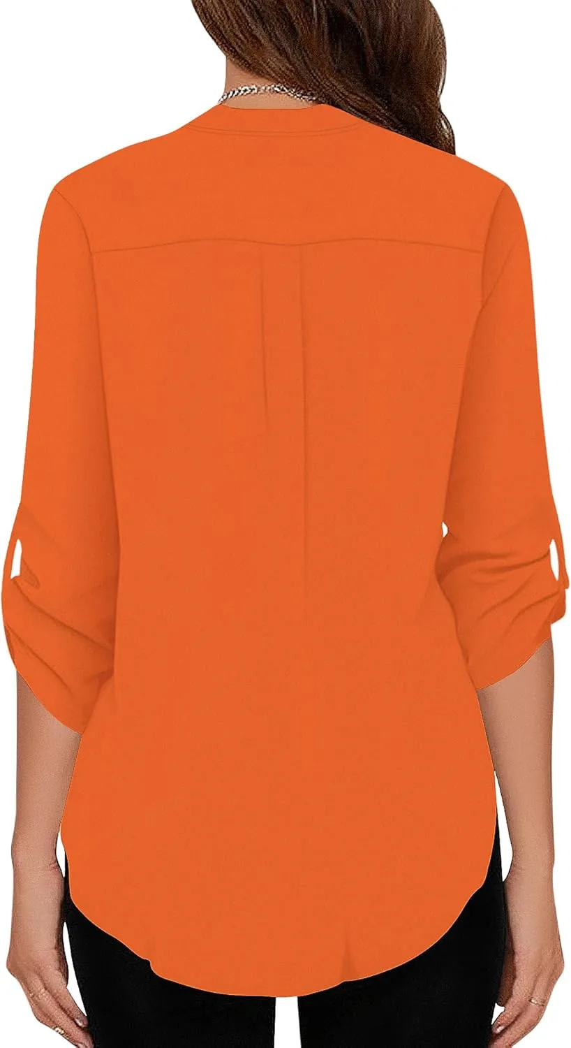 roswear Women's Business Casual V Neck Cuffed Sleeves Work Blouse Top