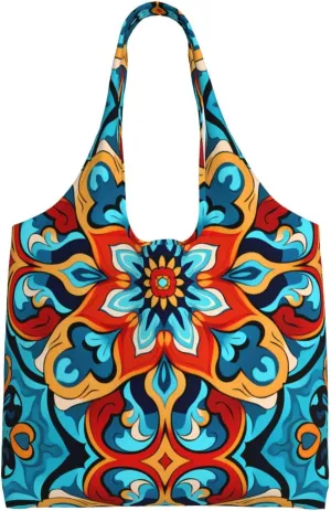 Round Colorful Petals Printed Single Shoulder Commuter Canvas Bag, Grocery Shopping Bag, Daily Use Canvas Bag