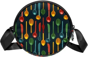 Round Cross Body Bag for Women, Long Strap Crossbody Bag, Forks and knives Seamless