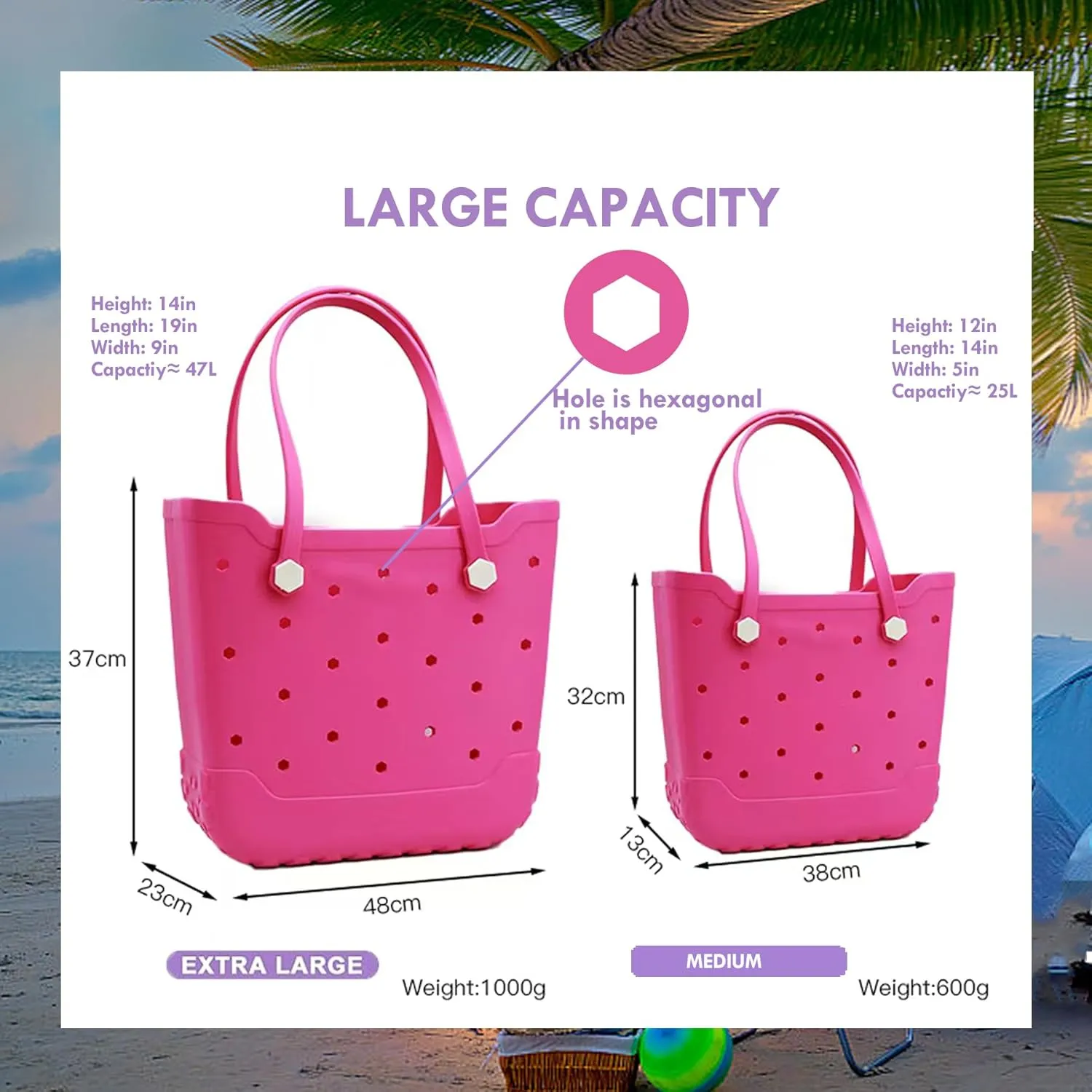 Rubber Beach Tote Bag for Men & Women, Waterproof Beach Bags EVA Travel Tote for Sports Outdoor Beach