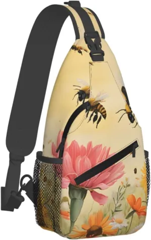 (Rural Bees Wildflowers) Sling Bag Crossbody Backpack For Men Women Adjustable Chest Daypack For Travel Hiking Gym Casual Shoulder Bag