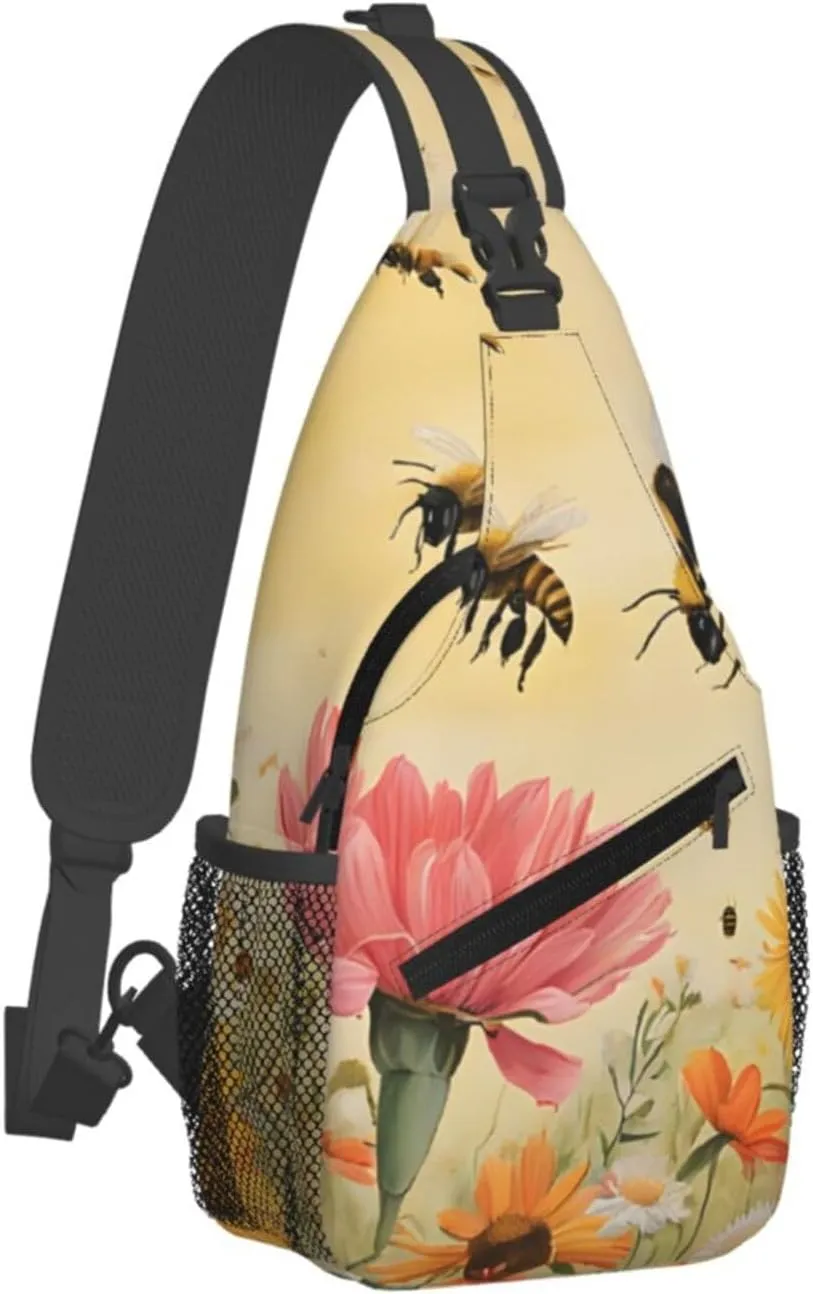 (Rural Bees Wildflowers) Sling Bag Crossbody Backpack For Men Women Adjustable Chest Daypack For Travel Hiking Gym Casual Shoulder Bag