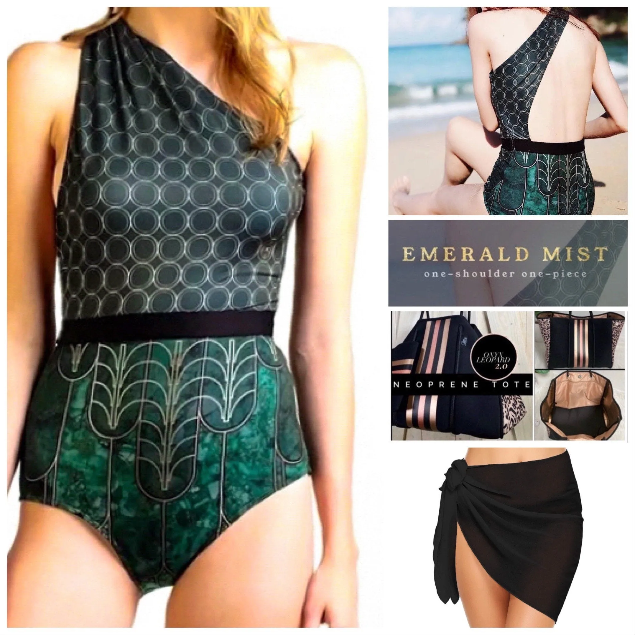 S-XL petite swimsuit Emerald • Mist 1-shoulder / Teal 2-shoulder / Black Jade longsleeve rashguard green navy black gold white cruise resort