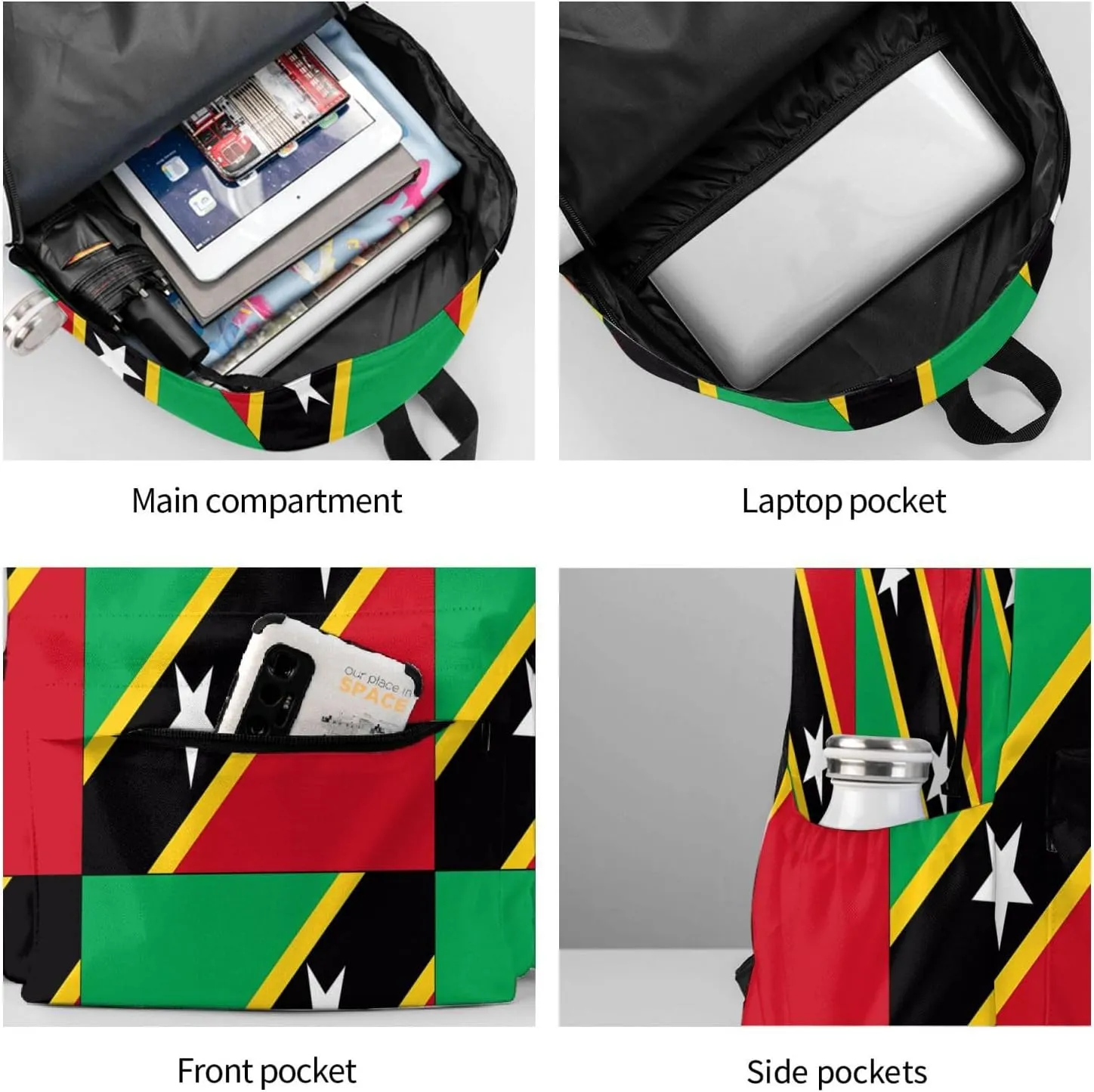 Saint Kitts Nevis Flag Casual Backpack Large Capacity Travel Backpacks Laptop Daypack Commuter Rucksack Adjustable Strap Sports Bags for Hiking Biking