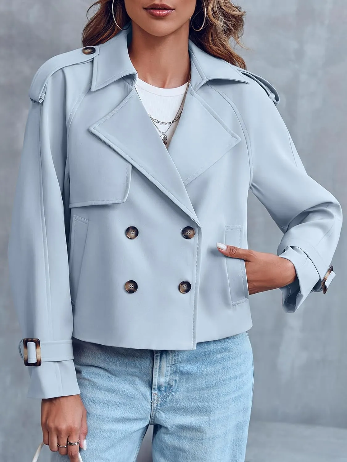 Saodimallsu Women Crop Double Breasted Trench Coat Raglan Sleeve Work Office Cropped Jacket With Pockets