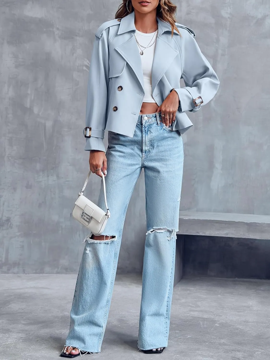 Saodimallsu Women Crop Double Breasted Trench Coat Raglan Sleeve Work Office Cropped Jacket With Pockets