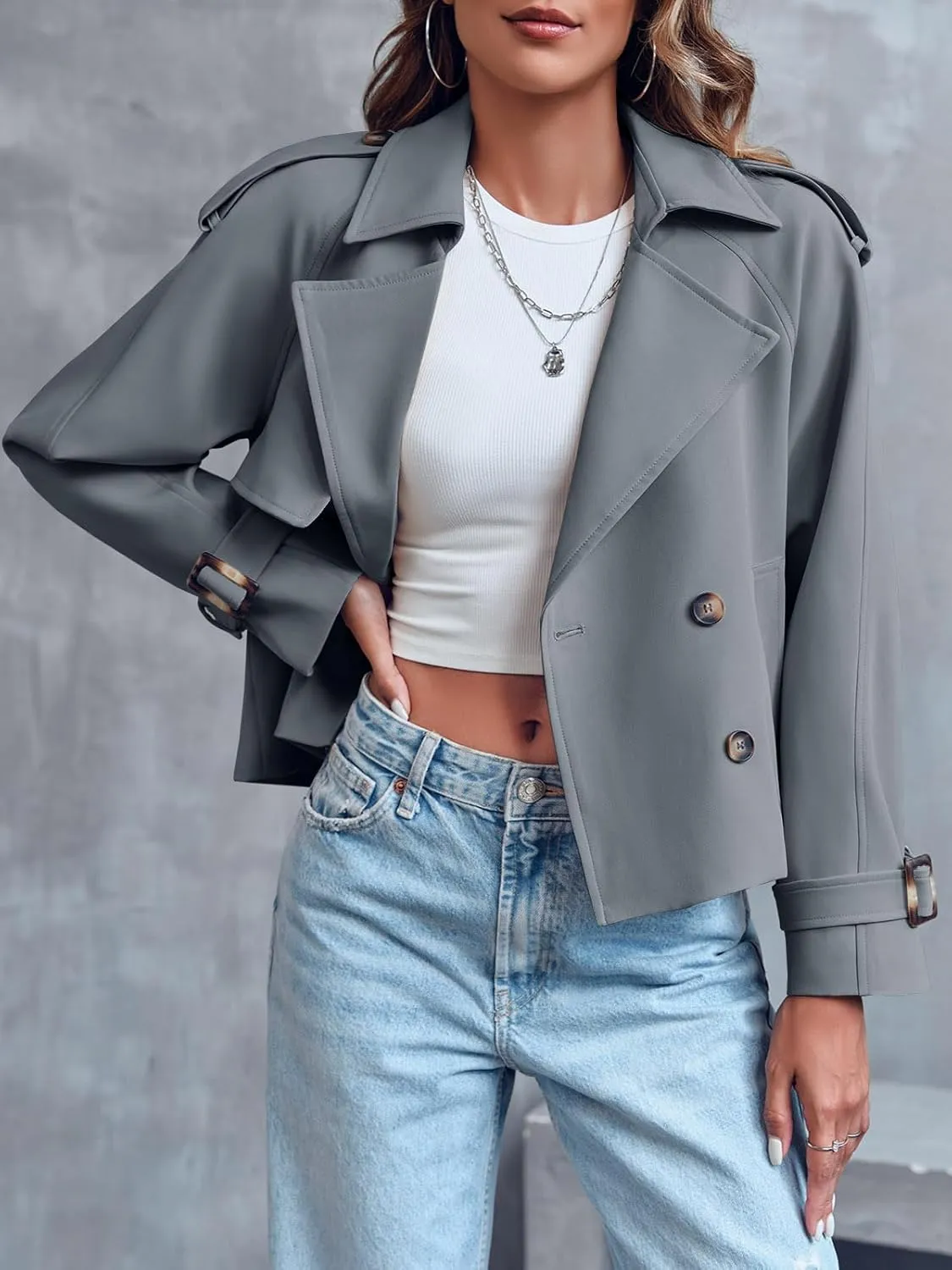 Saodimallsu Women Crop Double Breasted Trench Coat Raglan Sleeve Work Office Cropped Jacket With Pockets