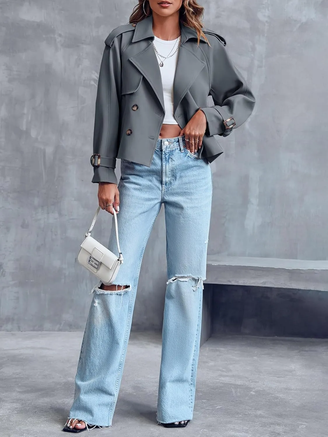 Saodimallsu Women Crop Double Breasted Trench Coat Raglan Sleeve Work Office Cropped Jacket With Pockets