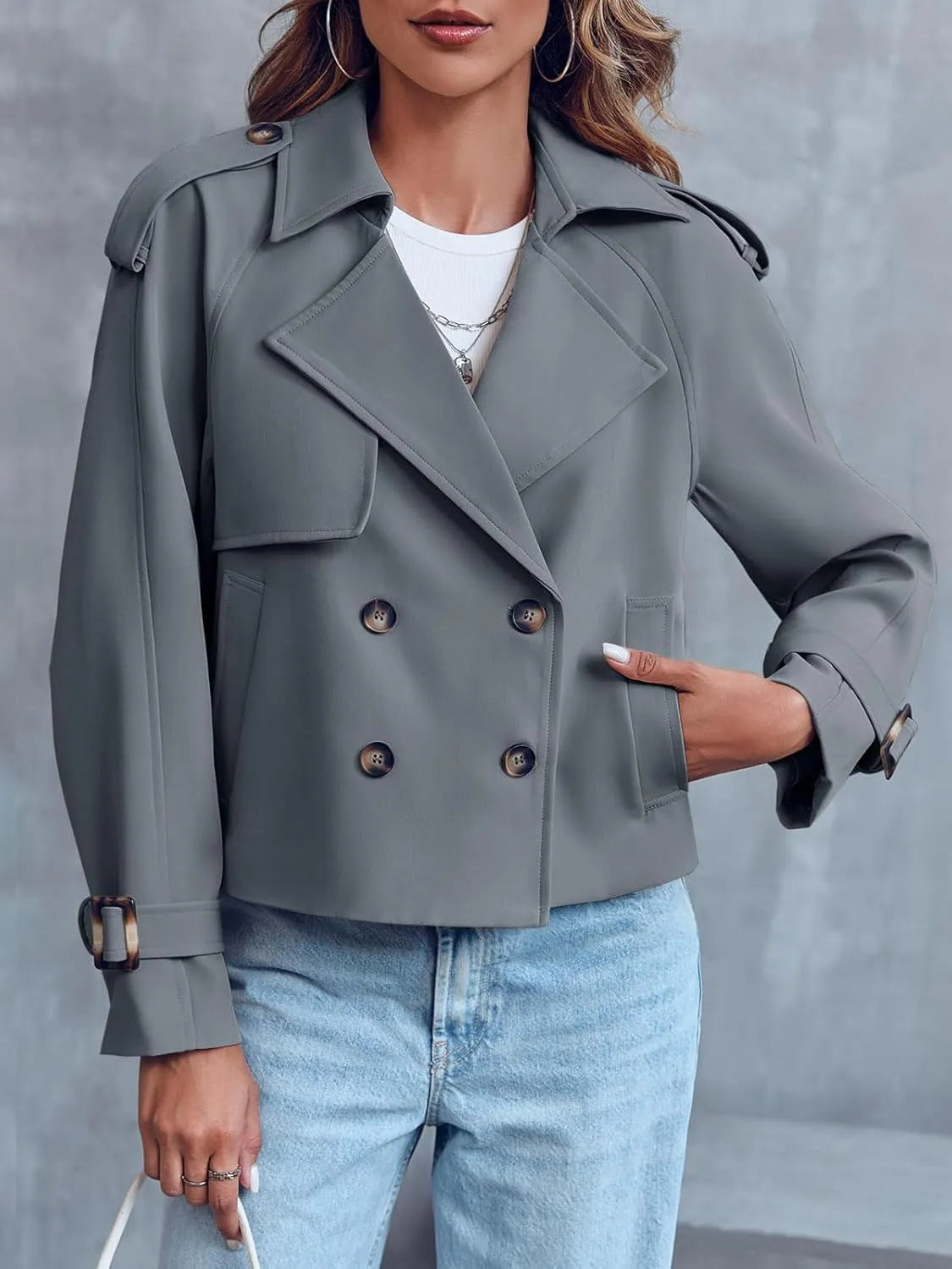 Saodimallsu Women Crop Double Breasted Trench Coat Raglan Sleeve Work Office Cropped Jacket With Pockets