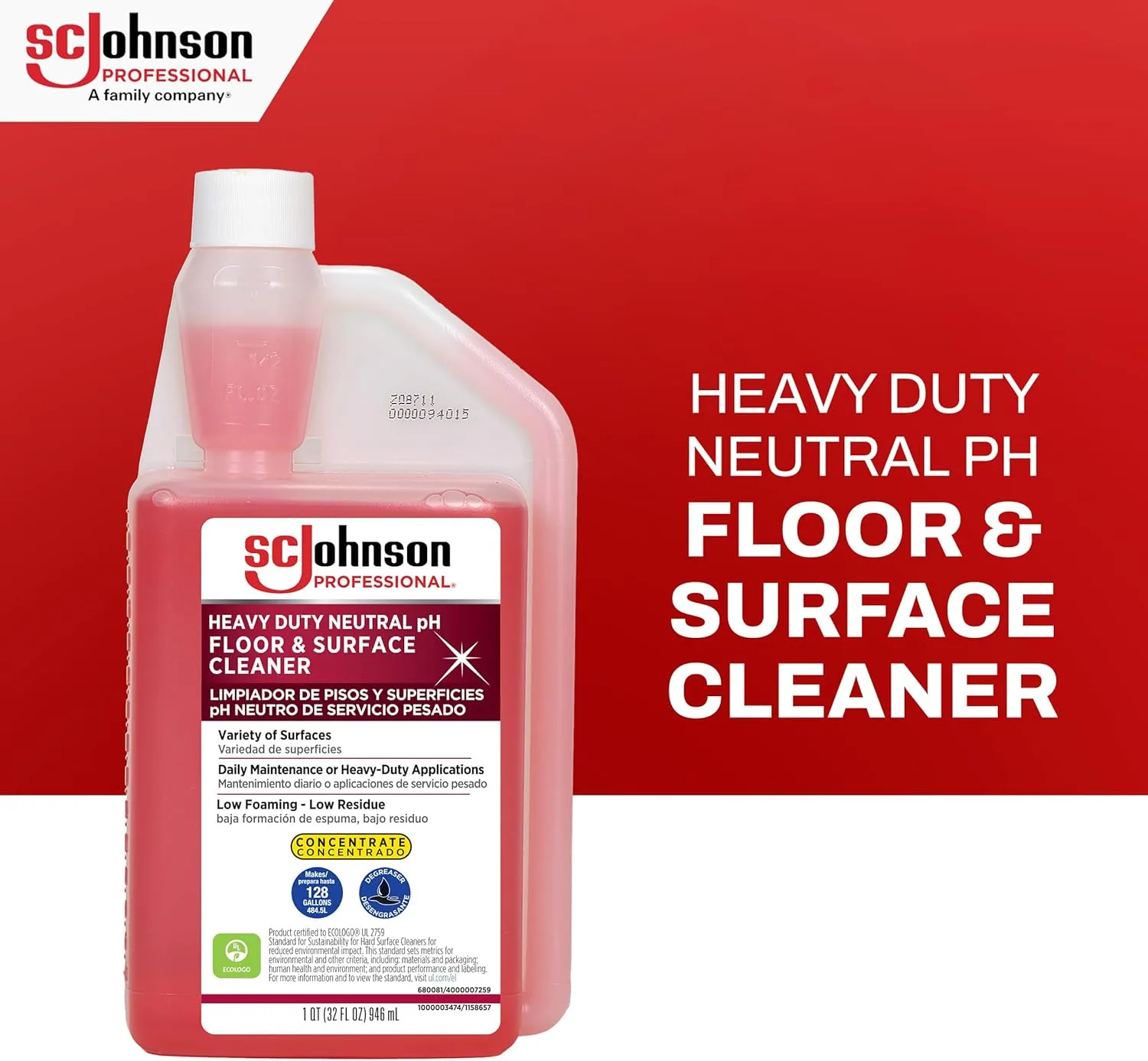 SC Johnson Professional Heavy Duty Neutral pH Floor and Surface Cleaner, Floor Cleaner Concentrate, 32 fl. oz. Bottle, Case of 6, for Professional Use Only