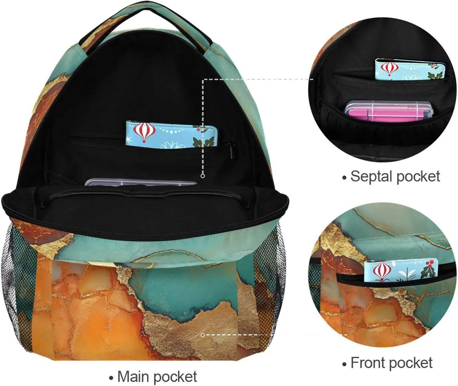 School Backpack for Unisex Adult Fashion Stylish Travel Bags with Chest Strap for Business Work College Travel Trip Marble Turquoise Orange