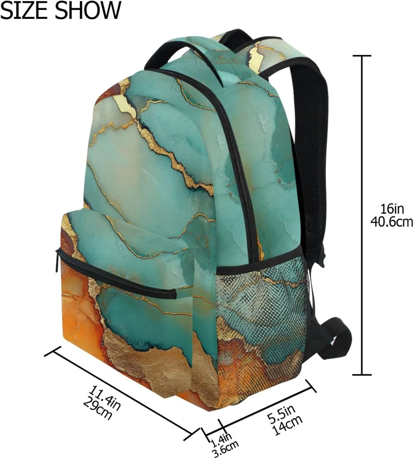 School Backpack for Unisex Adult Fashion Stylish Travel Bags with Chest Strap for Business Work College Travel Trip Marble Turquoise Orange