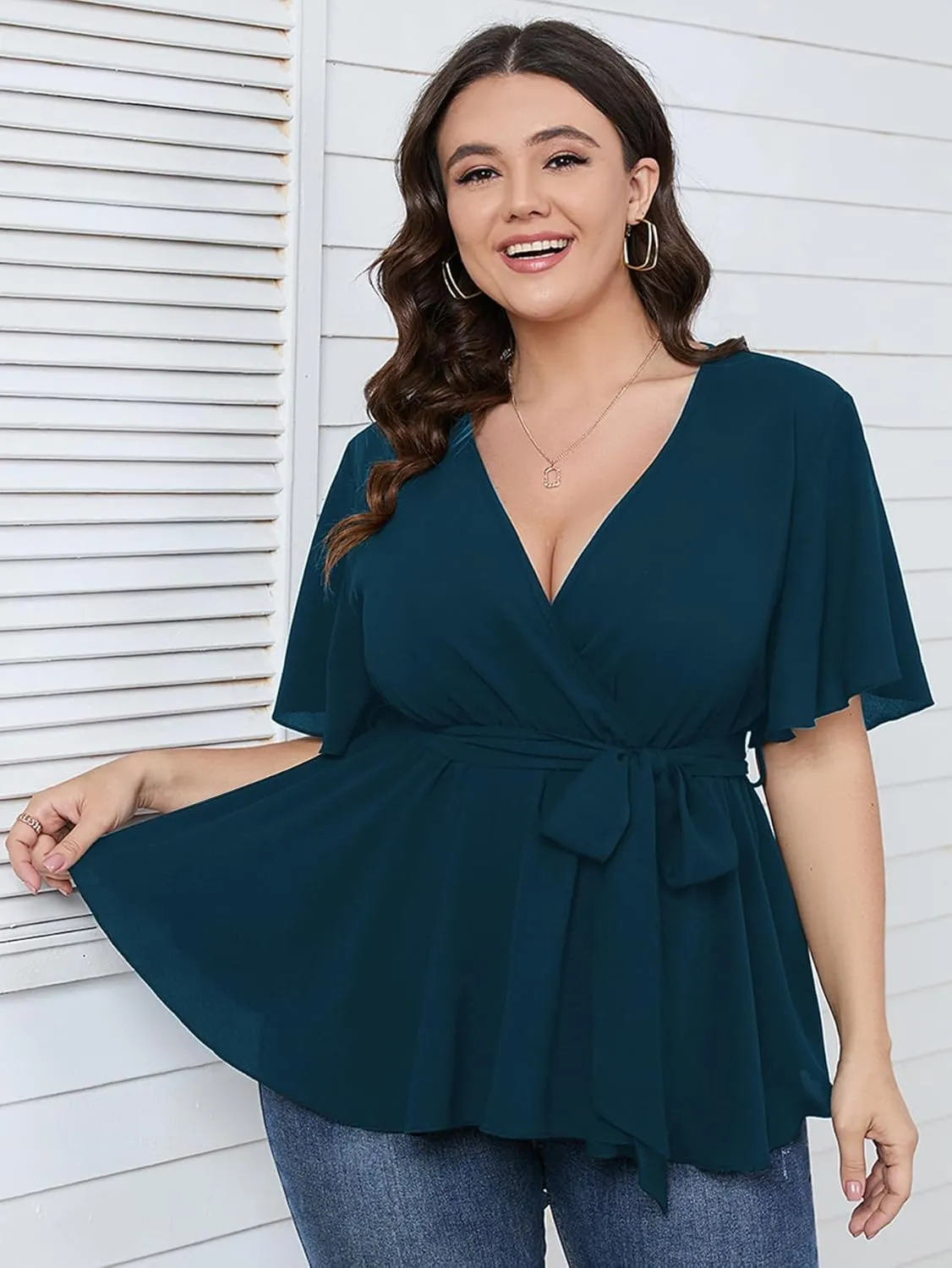 SCOMCHIC Women's Plus Size Short Sleeve V Neck Wrap Belted Ruffle Peplum Blouse Tops
