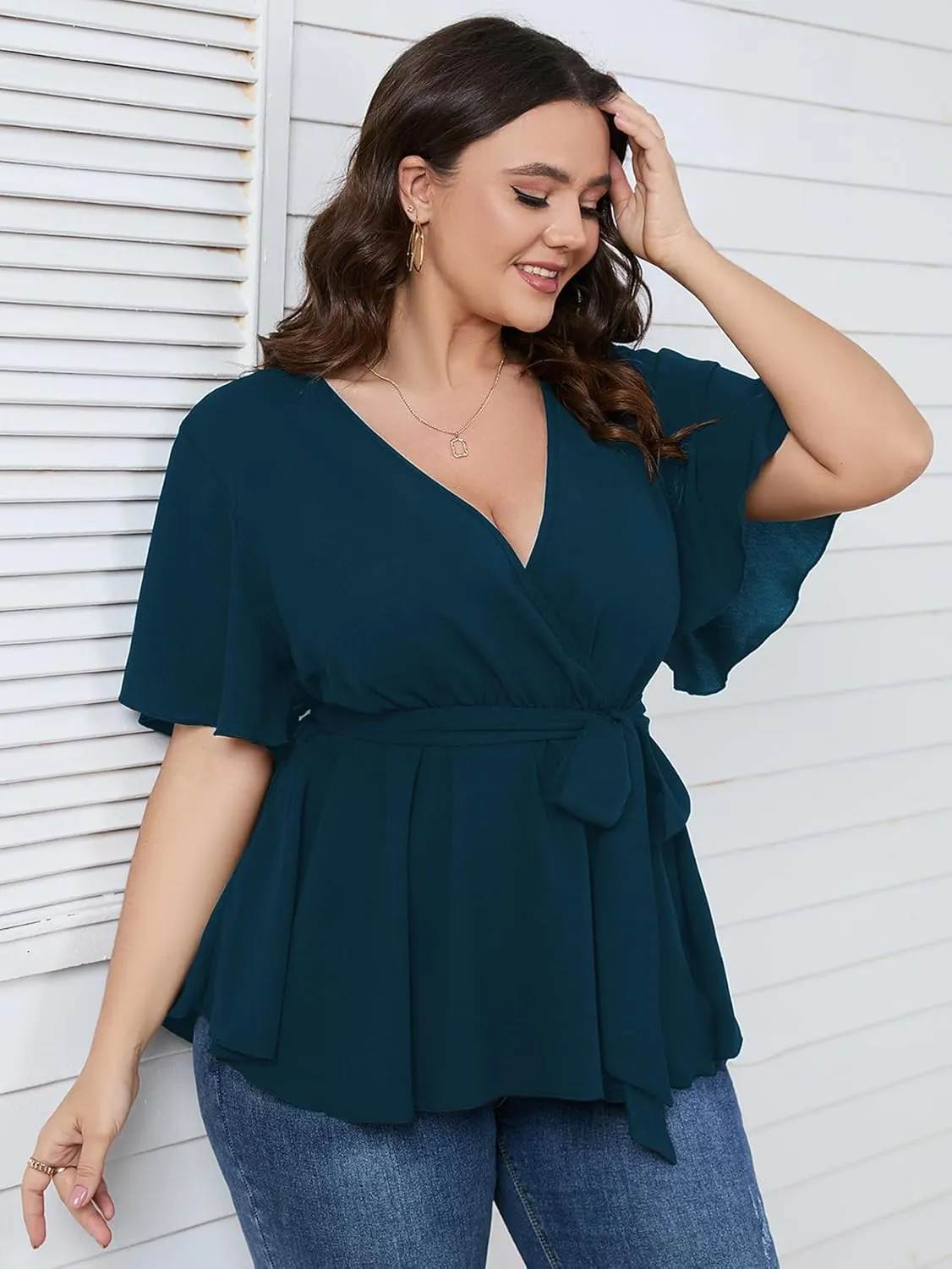 SCOMCHIC Women's Plus Size Short Sleeve V Neck Wrap Belted Ruffle Peplum Blouse Tops