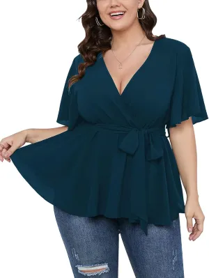SCOMCHIC Women's Plus Size Short Sleeve V Neck Wrap Belted Ruffle Peplum Blouse Tops