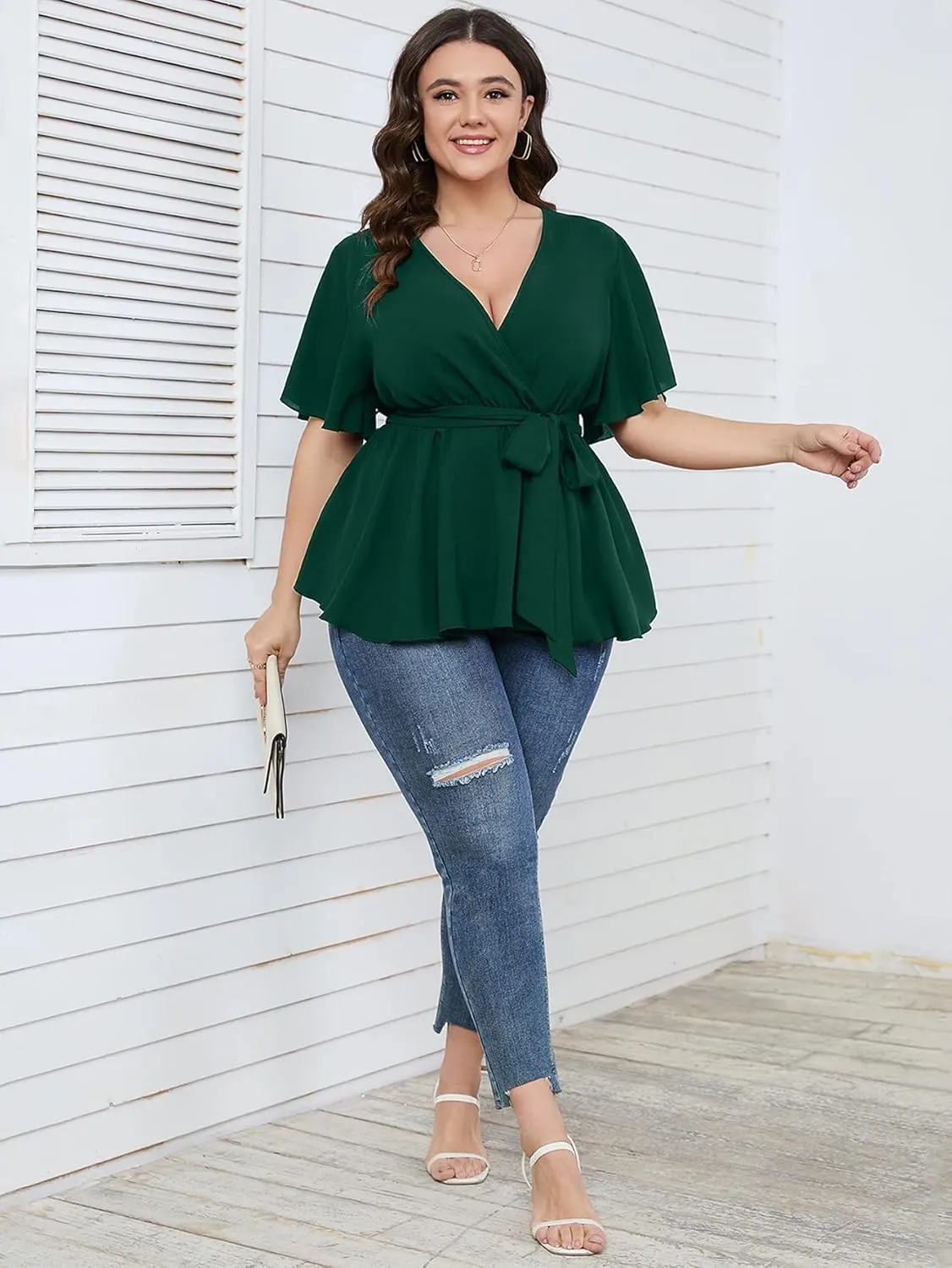 SCOMCHIC Women's Plus Size Short Sleeve V Neck Wrap Belted Ruffle Peplum Blouse Tops