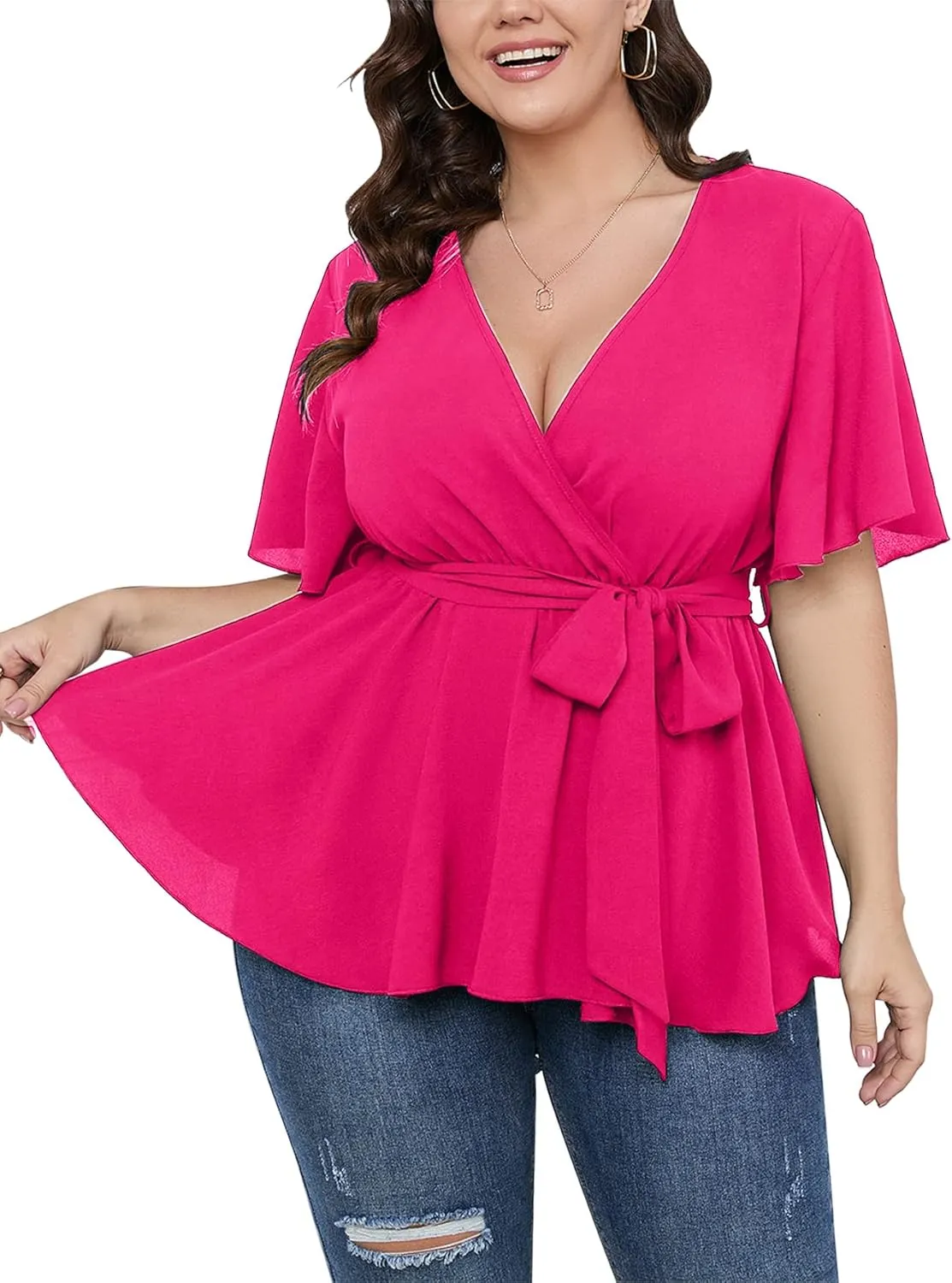 SCOMCHIC Women's Plus Size Short Sleeve V Neck Wrap Belted Ruffle Peplum Blouse Tops