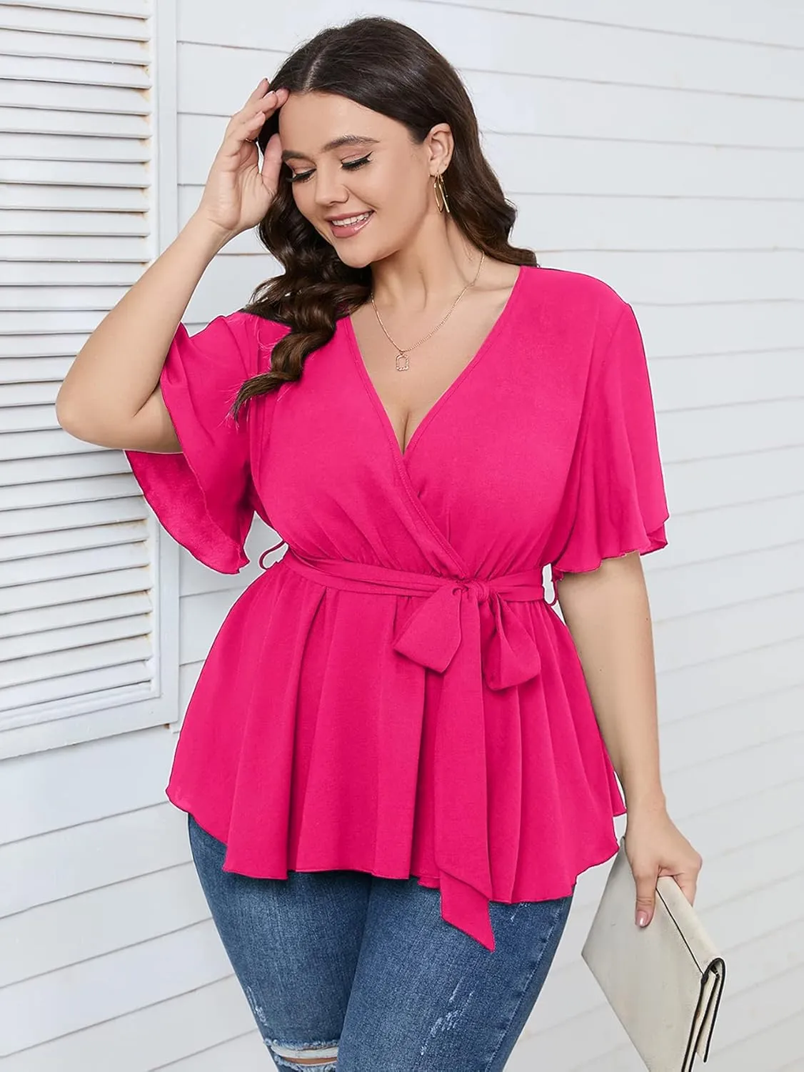 SCOMCHIC Women's Plus Size Short Sleeve V Neck Wrap Belted Ruffle Peplum Blouse Tops
