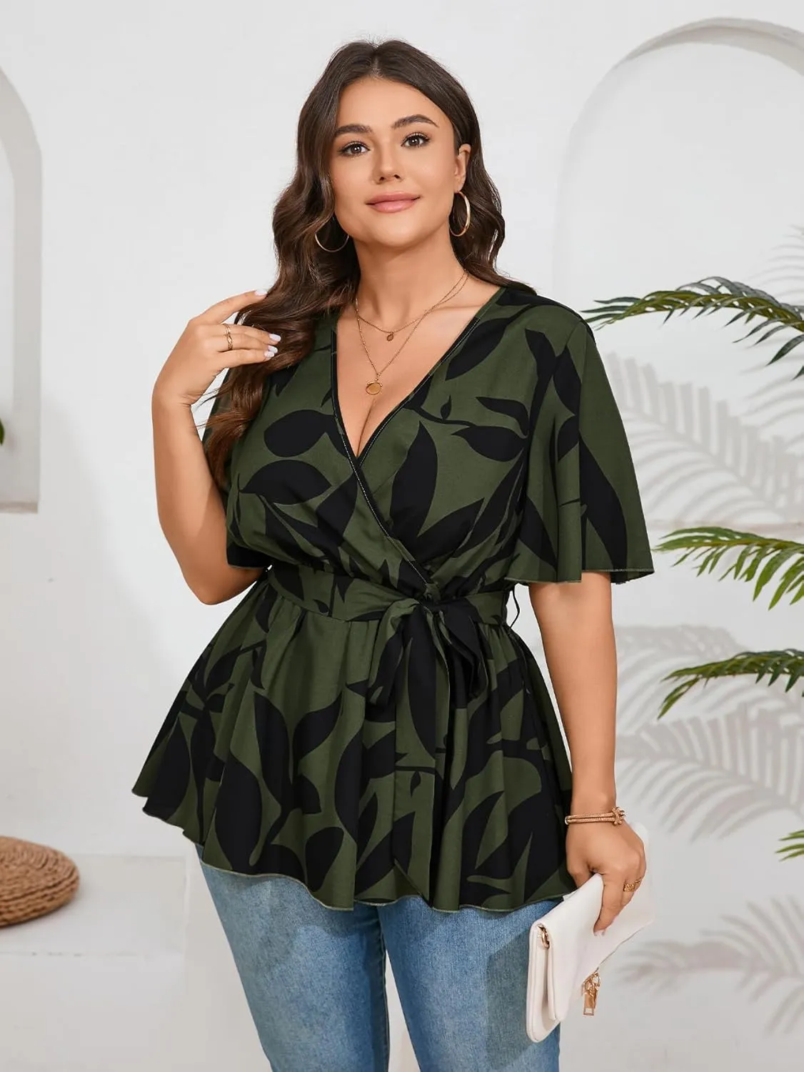 SCOMCHIC Women's Plus Size Short Sleeve V Neck Wrap Belted Ruffle Peplum Blouse Tops