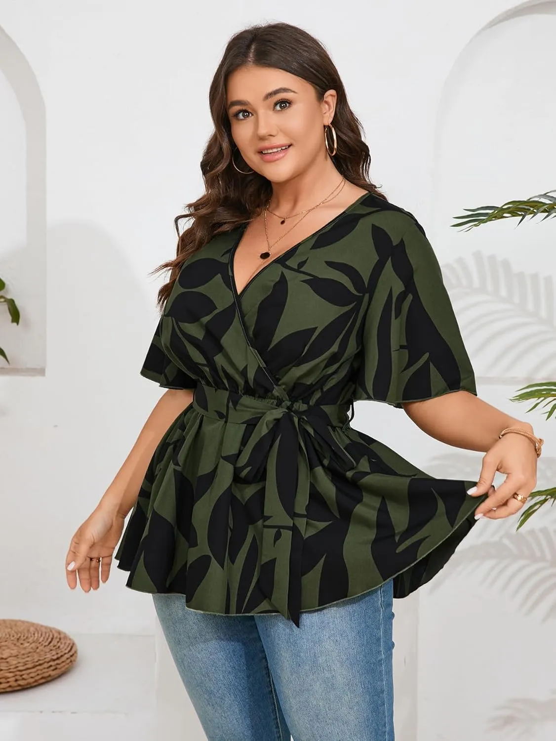 SCOMCHIC Women's Plus Size Short Sleeve V Neck Wrap Belted Ruffle Peplum Blouse Tops