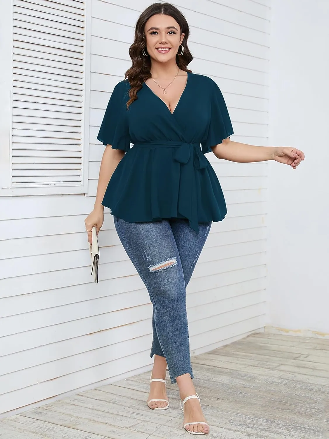 SCOMCHIC Women's Plus Size Short Sleeve V Neck Wrap Belted Ruffle Peplum Blouse Tops