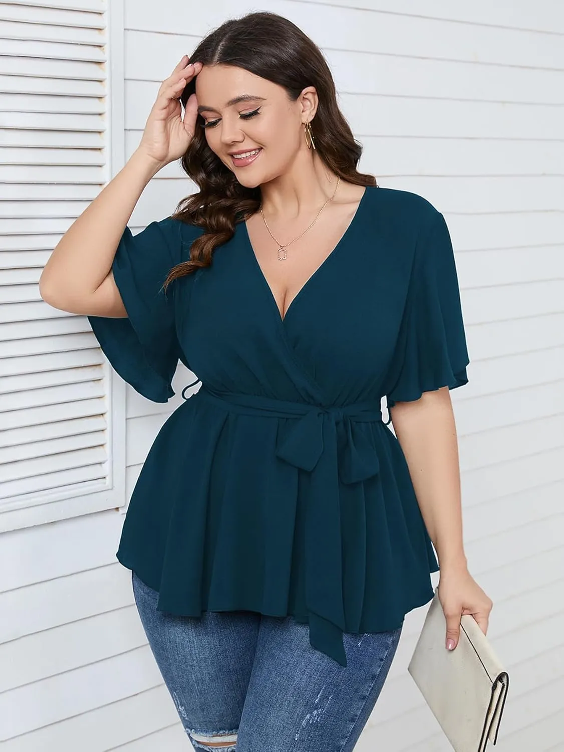 SCOMCHIC Women's Plus Size Short Sleeve V Neck Wrap Belted Ruffle Peplum Blouse Tops